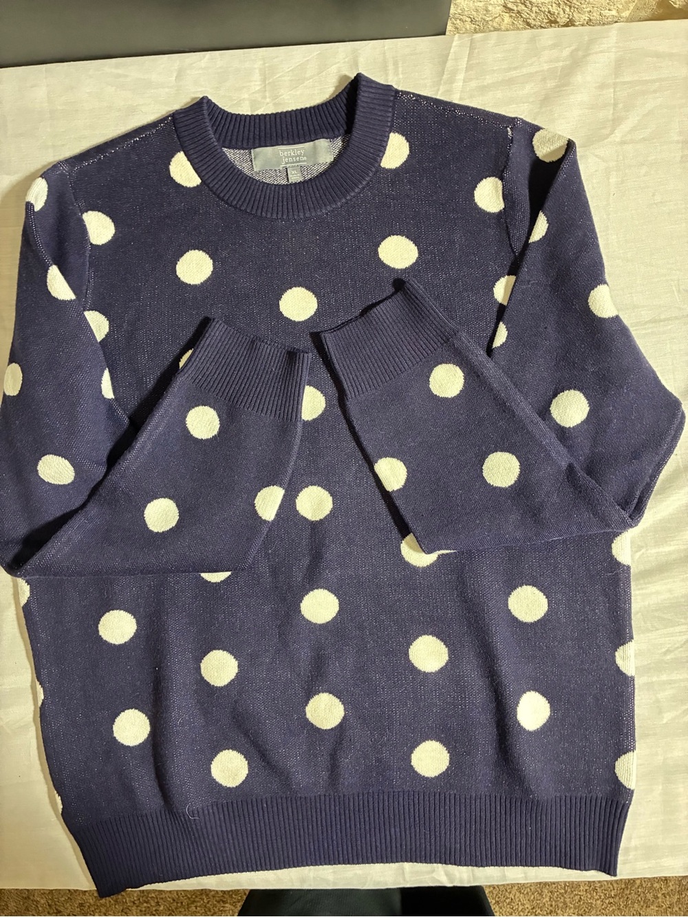 Berkley Jensen Navy Blue Polka Dot Crewneck Sweater - Navy and Cream Size XL